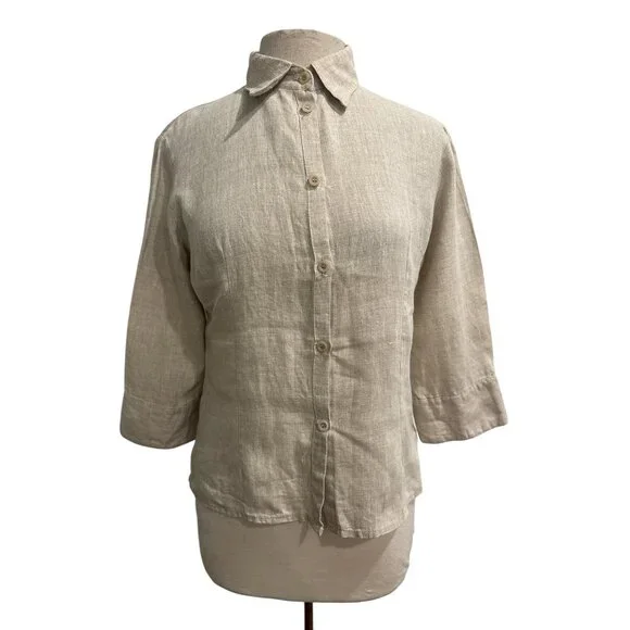 M&M 100% Linen Button Front Blouse Beige Italy 3/4 Sleeve 48 L - Picture 2 of 10
